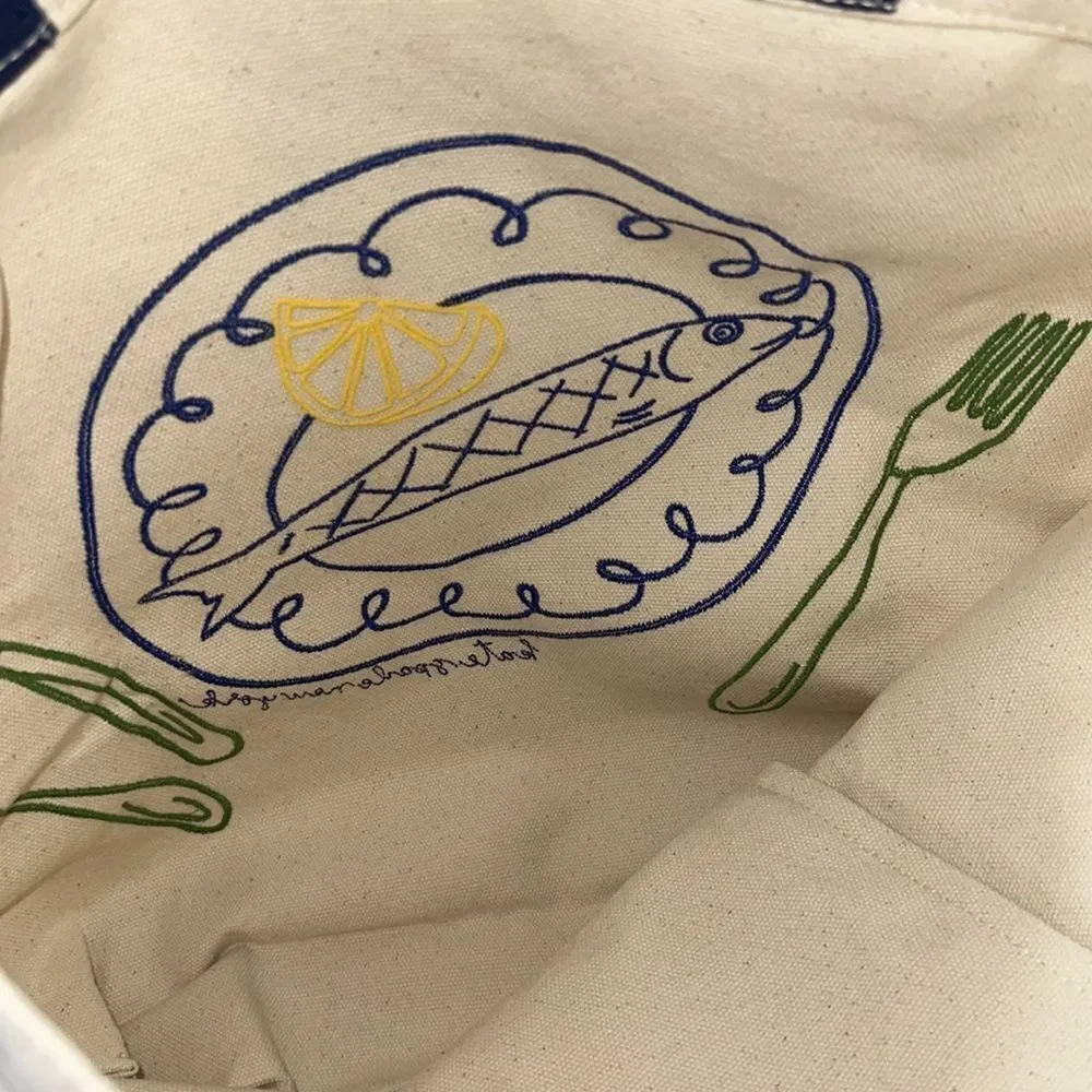 kate spade x Target Natural Navy Blue Green Fish Embroidered Canvas Tote